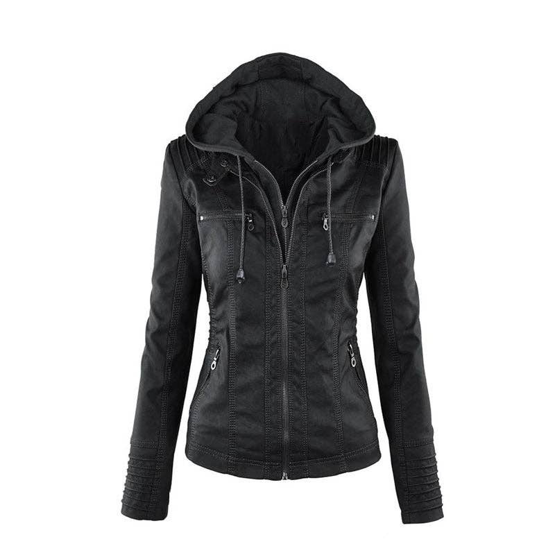 Women's Short Leather Motorcycle Jacket: Black / XL