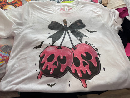 Sweet & Spooky Pink Skull Cherries Tee – Adult Medium | Ready to Ship