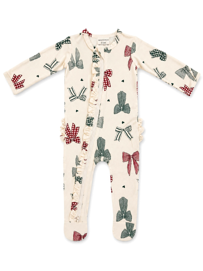 2-Way Zip Ruffle Footie, Country Christmas Bows: 0 - 3 mo.