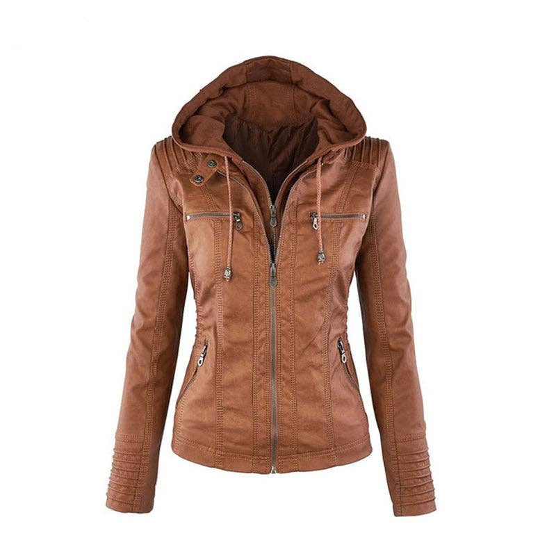 Women's Short Leather Motorcycle Jacket: Black / XL