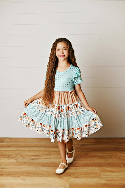 Girls Fall Ava Teal Beige Floral Dot Tiered Twirl Dress: 7/8