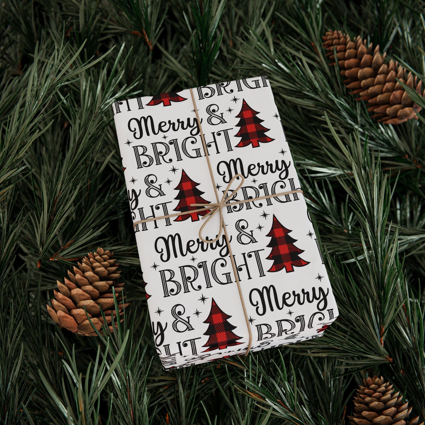 Merry and Bright with Buffalo Plaid Tree Pattern - Wrapping Paper