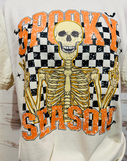 Spooky Season Skeleton Graphic T-Shirt | Halloween Skeleton Tee | Checkered Spooky Shirt | Boutique Halloween Graphic Tee | Spooky Season Shirt