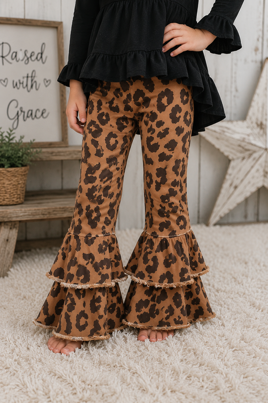 Girls Leopard Double Ruffle Bell Bottom Jeans