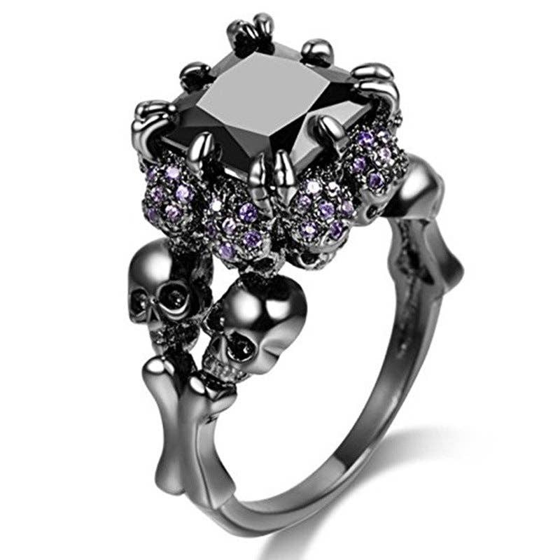 Skulls Rhinestone Square Zircon Ring: Black-White / 7#