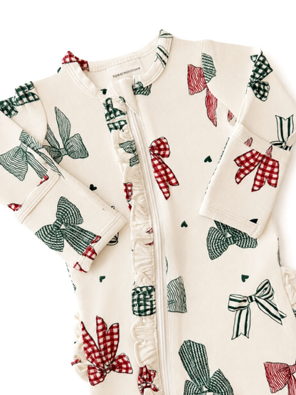 2-Way Zip Ruffle Footie, Country Christmas Bows: 0 - 3 mo.
