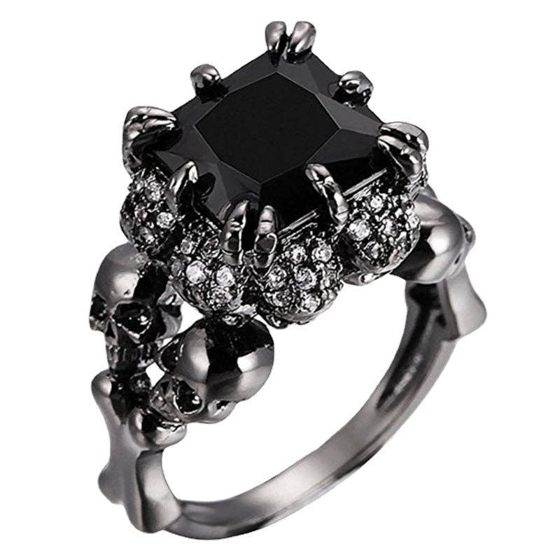 Skulls Rhinestone Square Zircon Ring: Black-White / 7#