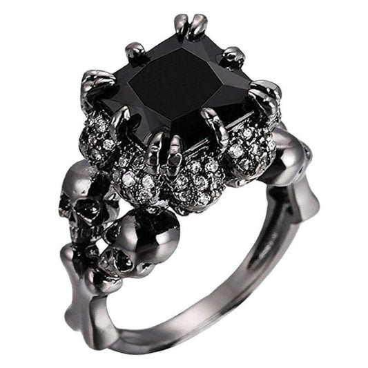 Skulls Rhinestone Square Zircon Ring: Black-White / 7#