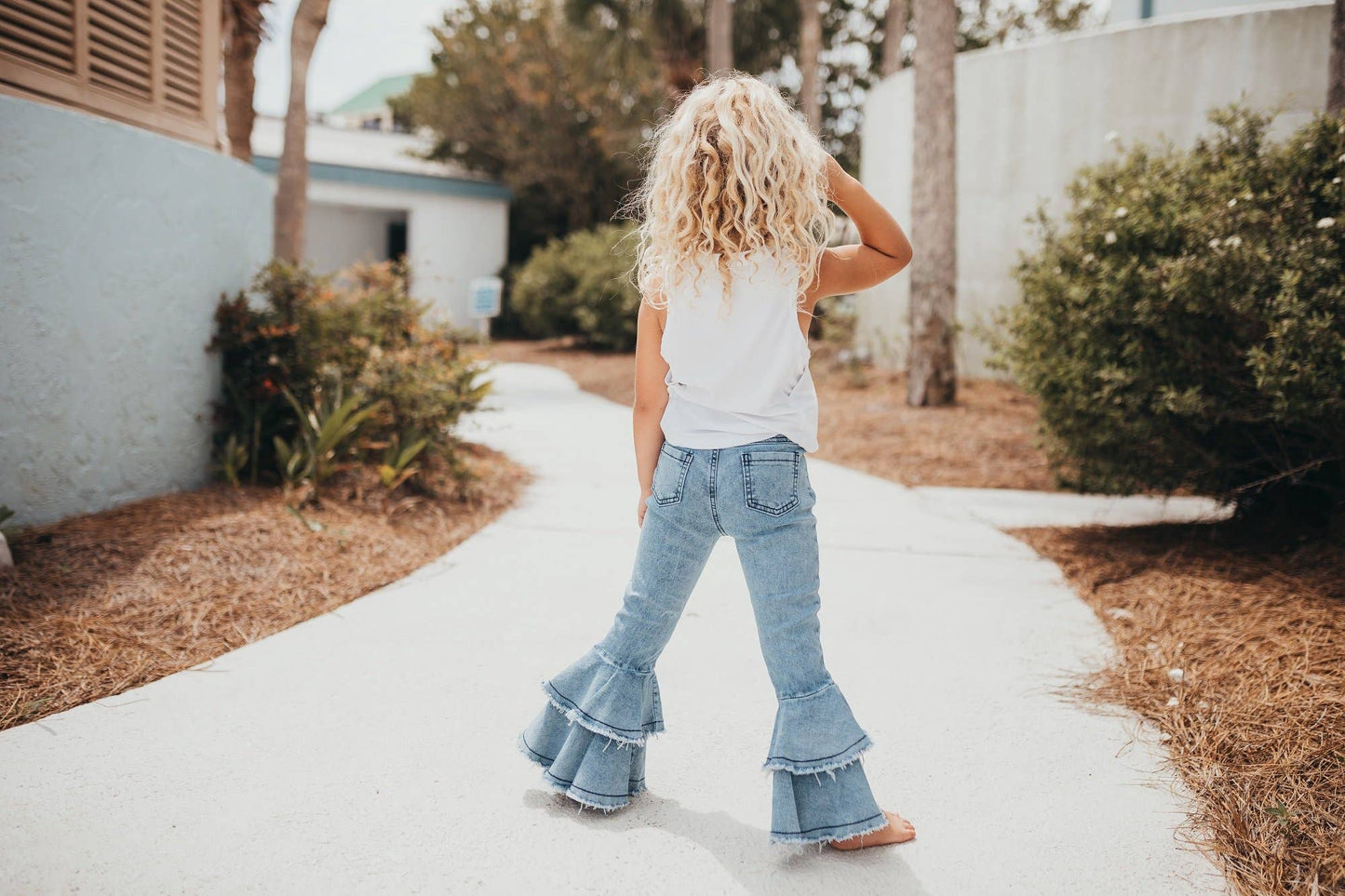 Kids Light Wash Denim Double Ruffle Jeans Pants: 8