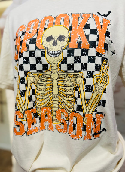 Spooky Season Skeleton Graphic T-Shirt | Halloween Skeleton Tee | Checkered Spooky Shirt | Boutique Halloween Graphic Tee | Spooky Season Shirt