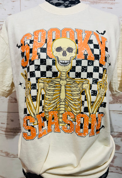 Spooky Season Skeleton Graphic T-Shirt | Halloween Skeleton Tee | Checkered Spooky Shirt | Boutique Halloween Graphic Tee | Spooky Season Shirt