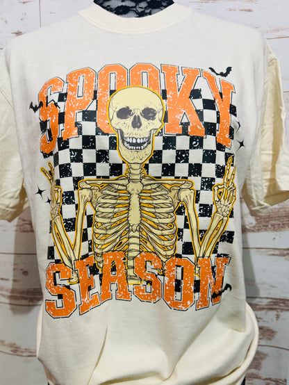 Spooky Season Skeleton Graphic T-Shirt | Halloween Skeleton Tee | Checkered Spooky Shirt | Boutique Halloween Graphic Tee | Spooky Season Shirt