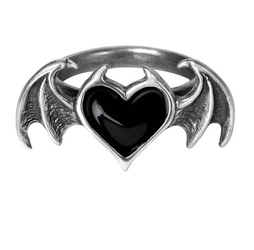 Edgy Bat Wing Heart Adjustable Ring: Black / One-Size