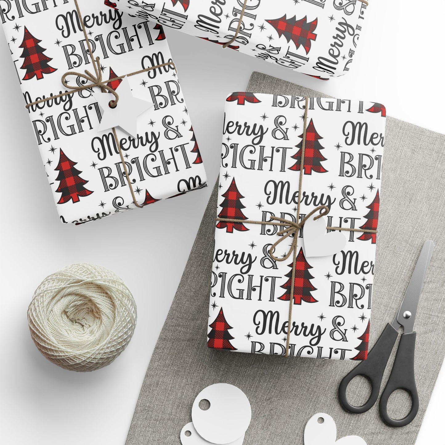 Merry and Bright with Buffalo Plaid Tree Pattern - Wrapping Paper