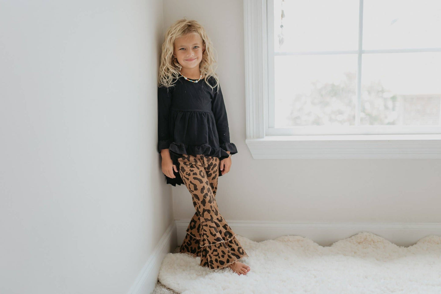 Kids Leopard Double Denim Ruffle Pant Jeans: 7