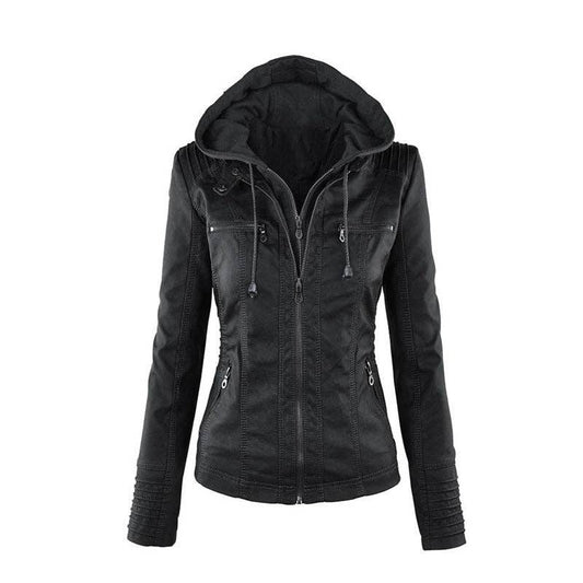 Women's Short Leather Motorcycle Jacket: Black / XL