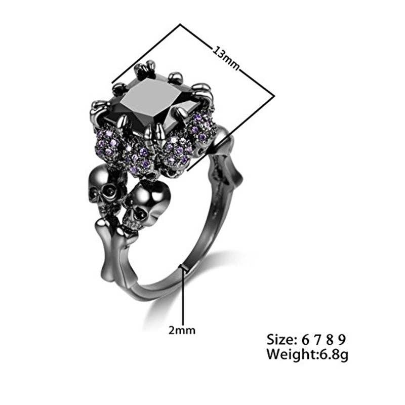 Skulls Rhinestone Square Zircon Ring: Black-White / 7#