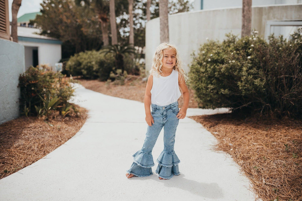 Kids Light Wash Denim Double Ruffle Jeans Pants: 6