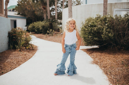 Kids Light Wash Denim Double Ruffle Jeans Pants: 6