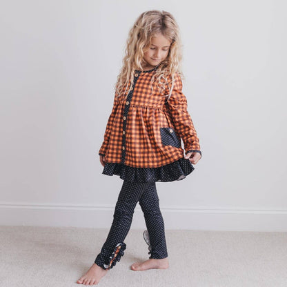 Kids Navy & Rust Gingham Check Button Pocket Pant Fall Set: 5/6