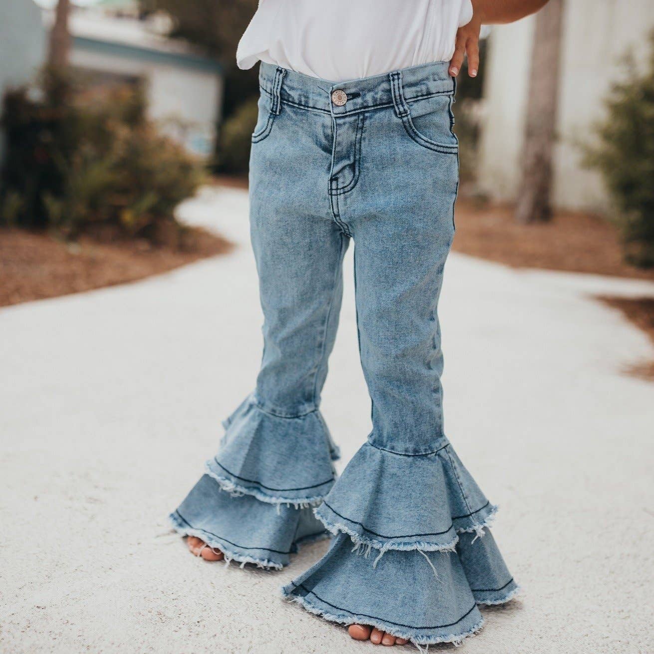 Kids Light Wash Denim Double Ruffle Jeans Pants: 4