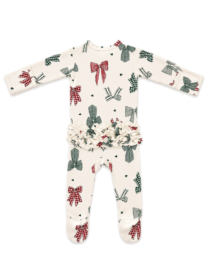 2-Way Zip Ruffle Footie, Country Christmas Bows: 0 - 3 mo.