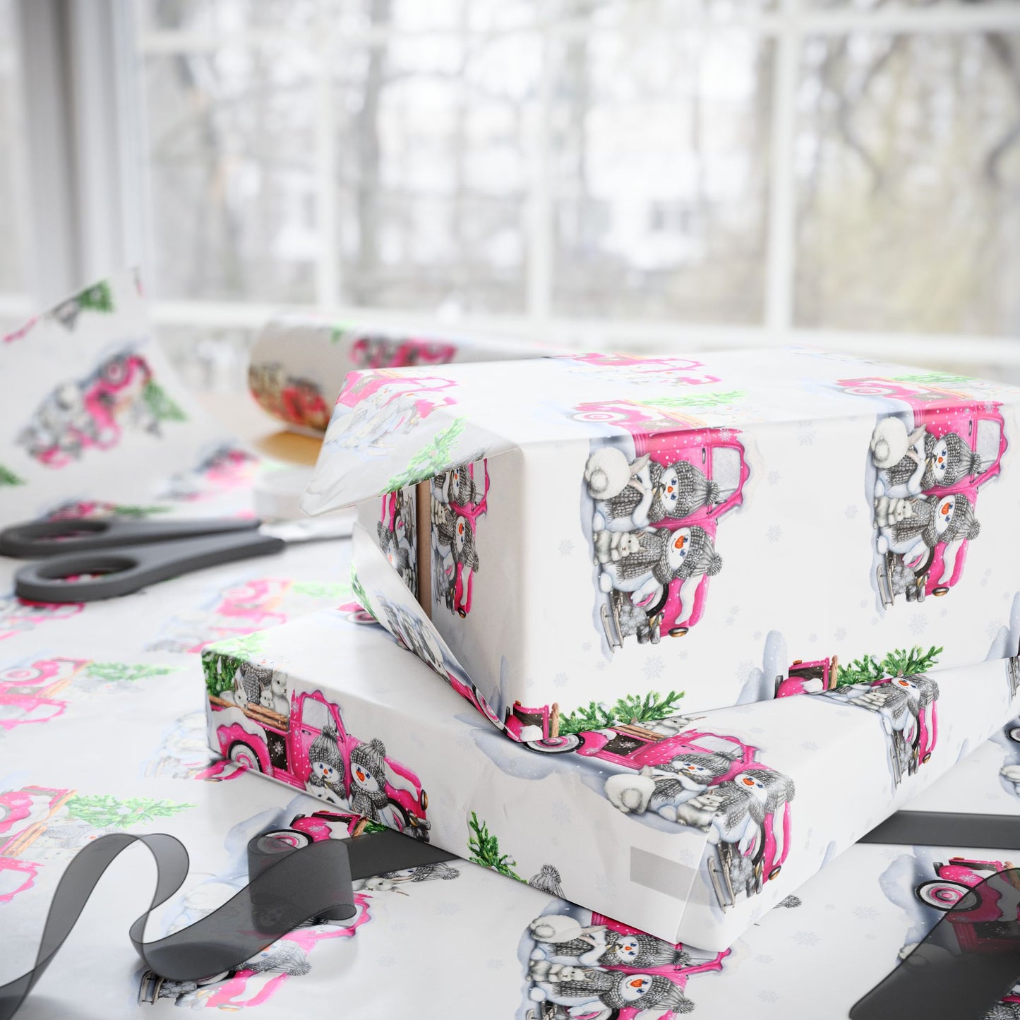 Pink Truck with Snowmen Pattern - Wrapping Paper