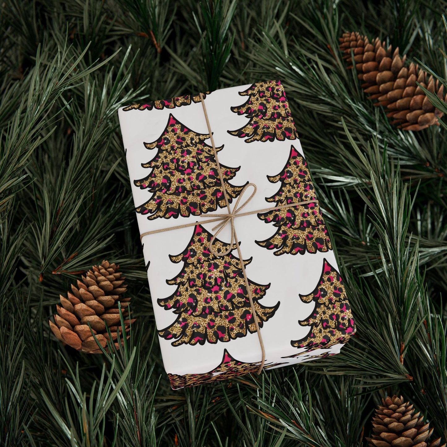 Leopard Tree - Pink, Black, and Gold Pattern - Wrapping Paper