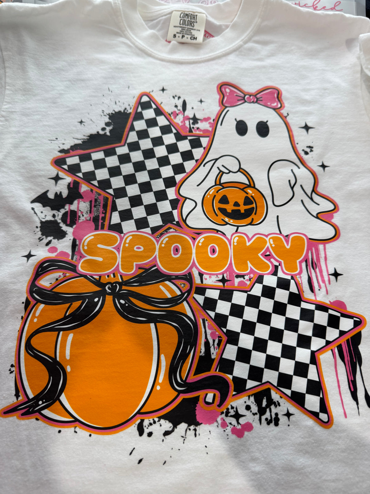 Spooky Checkerboard Ghost Comfort Colors Tee – Small | Ready to Ship