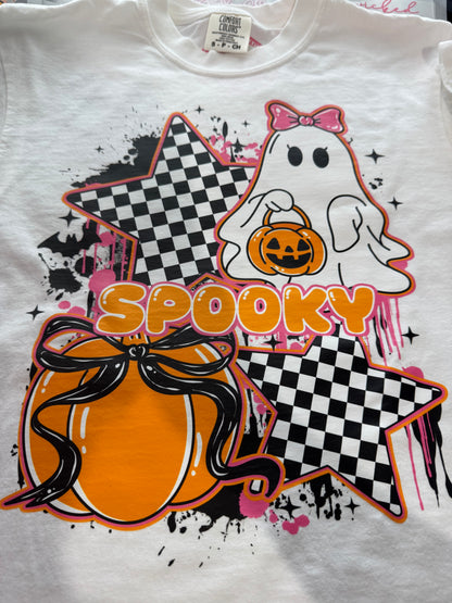 Spooky Checkerboard Ghost Comfort Colors Tee – Small | Ready to Ship