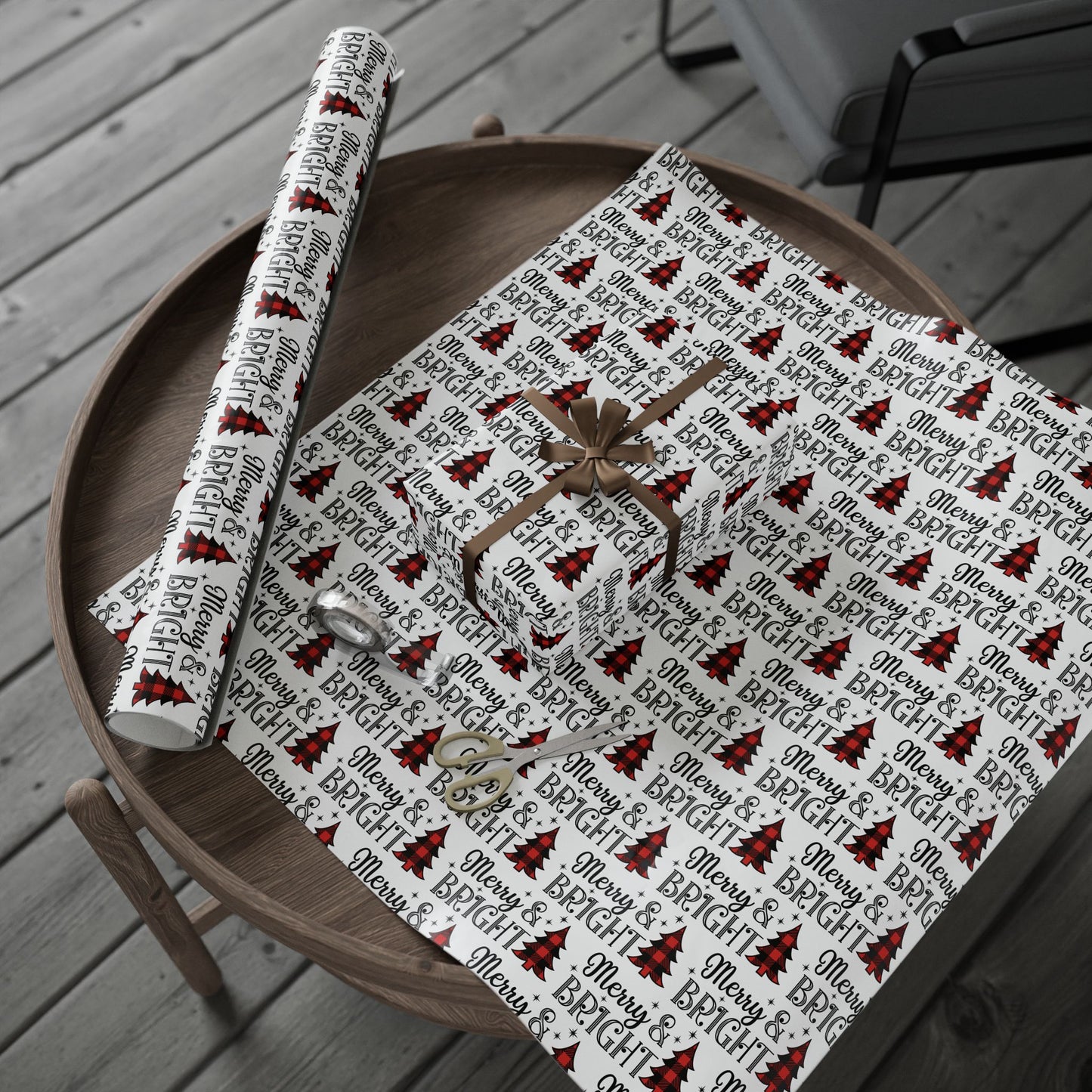 Merry and Bright with Buffalo Plaid Tree Pattern - Wrapping Paper