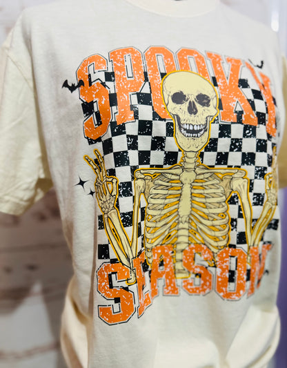 Spooky Season Skeleton Graphic T-Shirt | Halloween Skeleton Tee | Checkered Spooky Shirt | Boutique Halloween Graphic Tee | Spooky Season Shirt