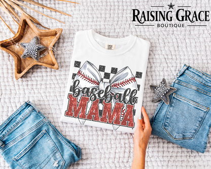 Baseball Mama - Faux Glitter - Bow Graphic T-Shirt | Checkered Baseball Tee | Sports Mom Shirt | Boutique Baseball Graphic Tee | Game Day Shirt