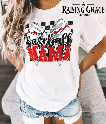 Baseball Mama Graphic T-Shirt | Checkered Baseball Tee | Sports Mom Shirt | Boutique Baseball Graphic Tee | Game Day Shirt
