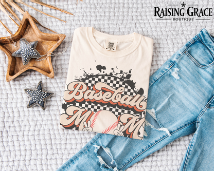 Baseball Mom Graphic T-Shirt | Checkered Baseball Tee | Sports Mom Shirt | Boutique Baseball Graphic Tee | Game Day Shirt