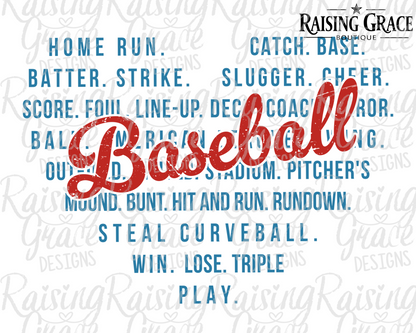 Baseball Words Graphic T-Shirt | Baseball Mom Tee | Sports Graphic Tee | Boutique Baseball Shirt | Game Day Tee
