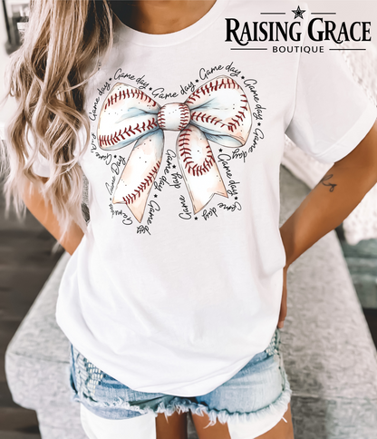 Baseball Bow Graphic T-Shirt | Coquette Baseball Tee | Sports Mom Shirt | Boutique Baseball Graphic Tee | Game Day Bow Shirt