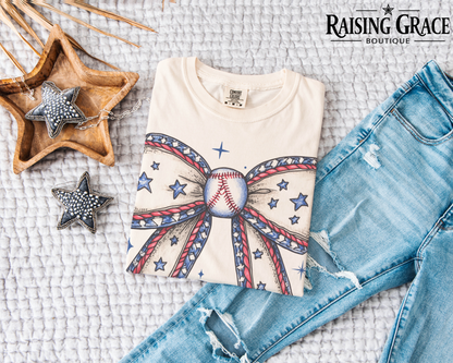 Patriotic Baseball Bow Graphic T-Shirt | Americana Sports Tee | Baseball Mom Shirt | Fourth of July Baseball Tee | Boutique Graphic Tee