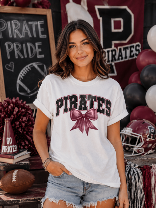 Pirates With Maroon Coquette Bow T-Shirt | Comfort Colors Adult Spirit Tee