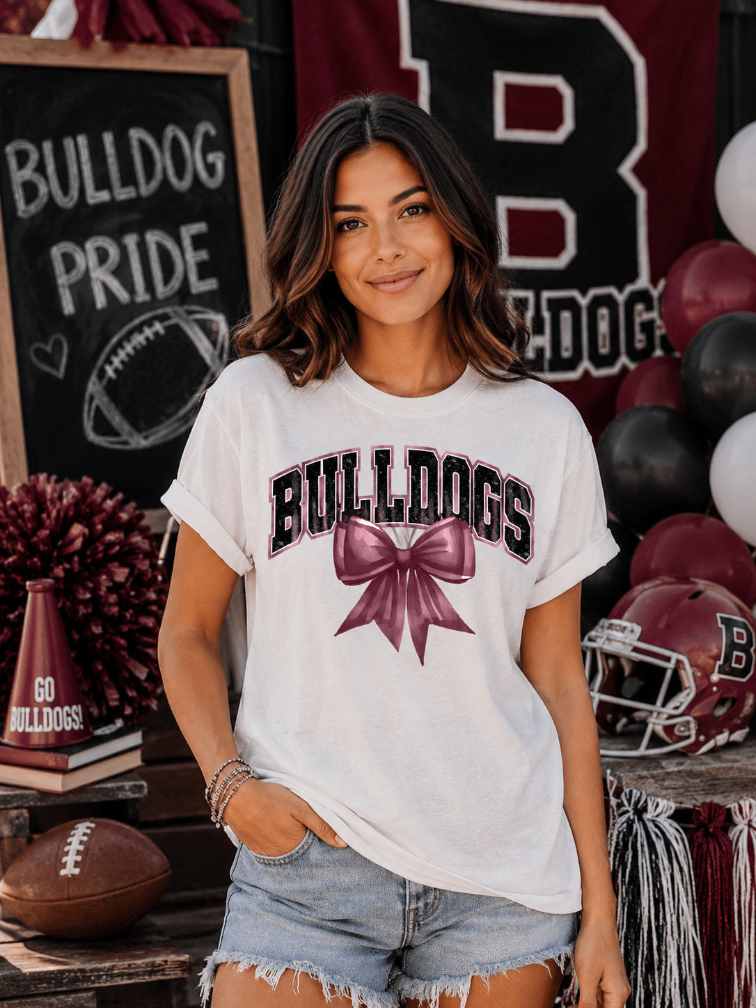 Bulldogs With Maroon Coquette Bow T-Shirt | Comfort Colors Adult Spirit Tee