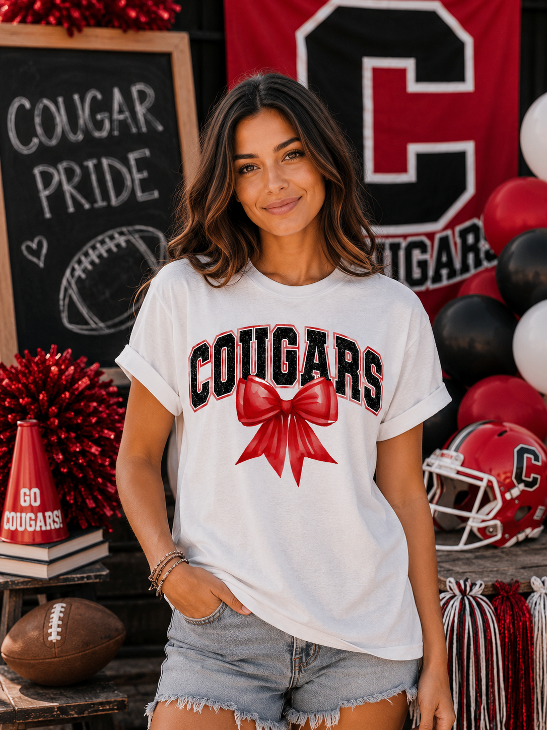 Cougars With Red Coquette Bow T-Shirt | Comfort Colors Adult Spirit Tee