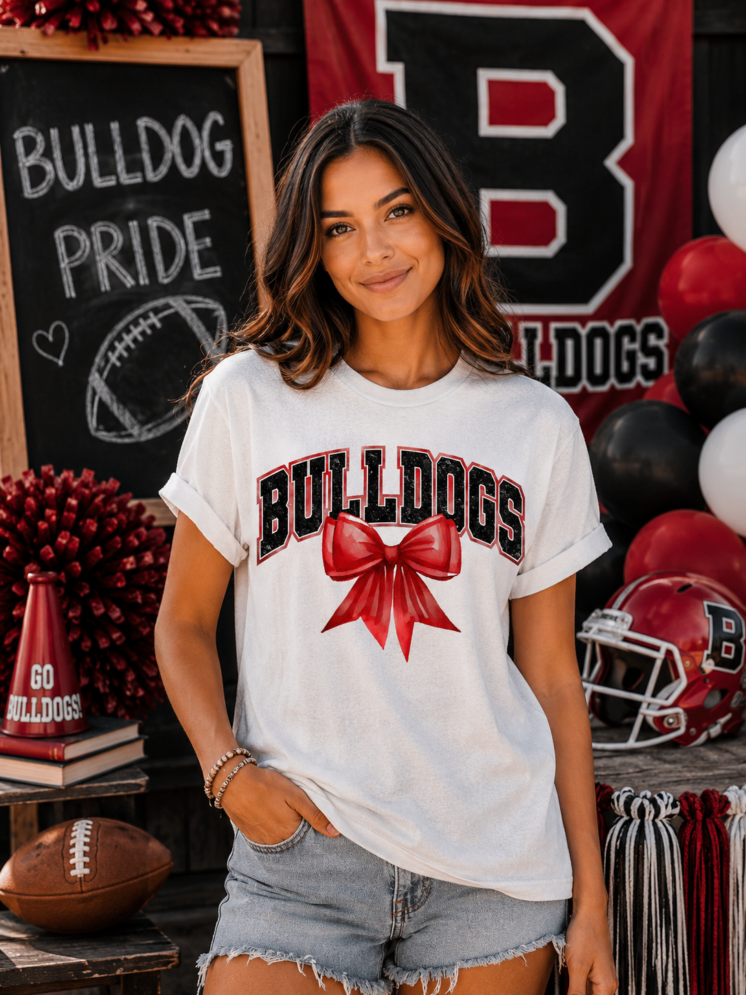 Bulldogs With Red Coquette Bow T-Shirt | Comfort Colors Adult Spirit Tee