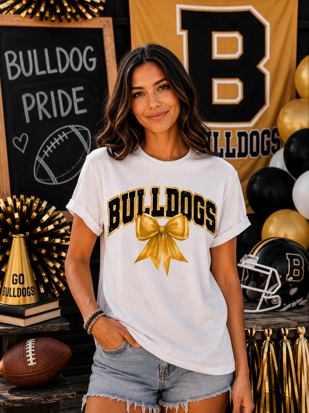 Bulldogs With Gold Coquette Bow T-Shirt | Comfort Colors Adult Spirit Tee