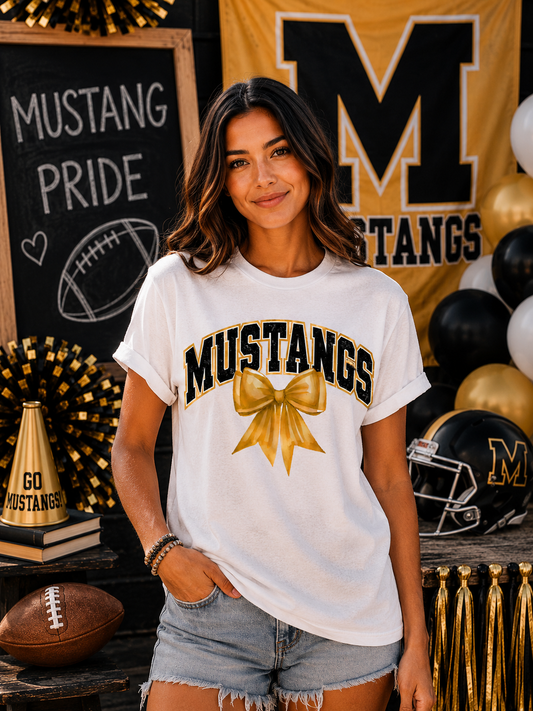 Mustangs With Gold Coquette Bow T-Shirt | Comfort Colors Adult Spirit Tee
