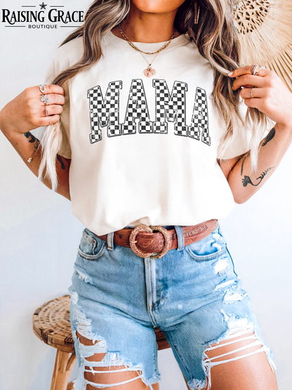Checkered Mama Graphic T-Shirt | Retro Mama Tee | Boutique Mom Shirt | Trendy Checkered Graphic Tee | Everyday Mama Shirt