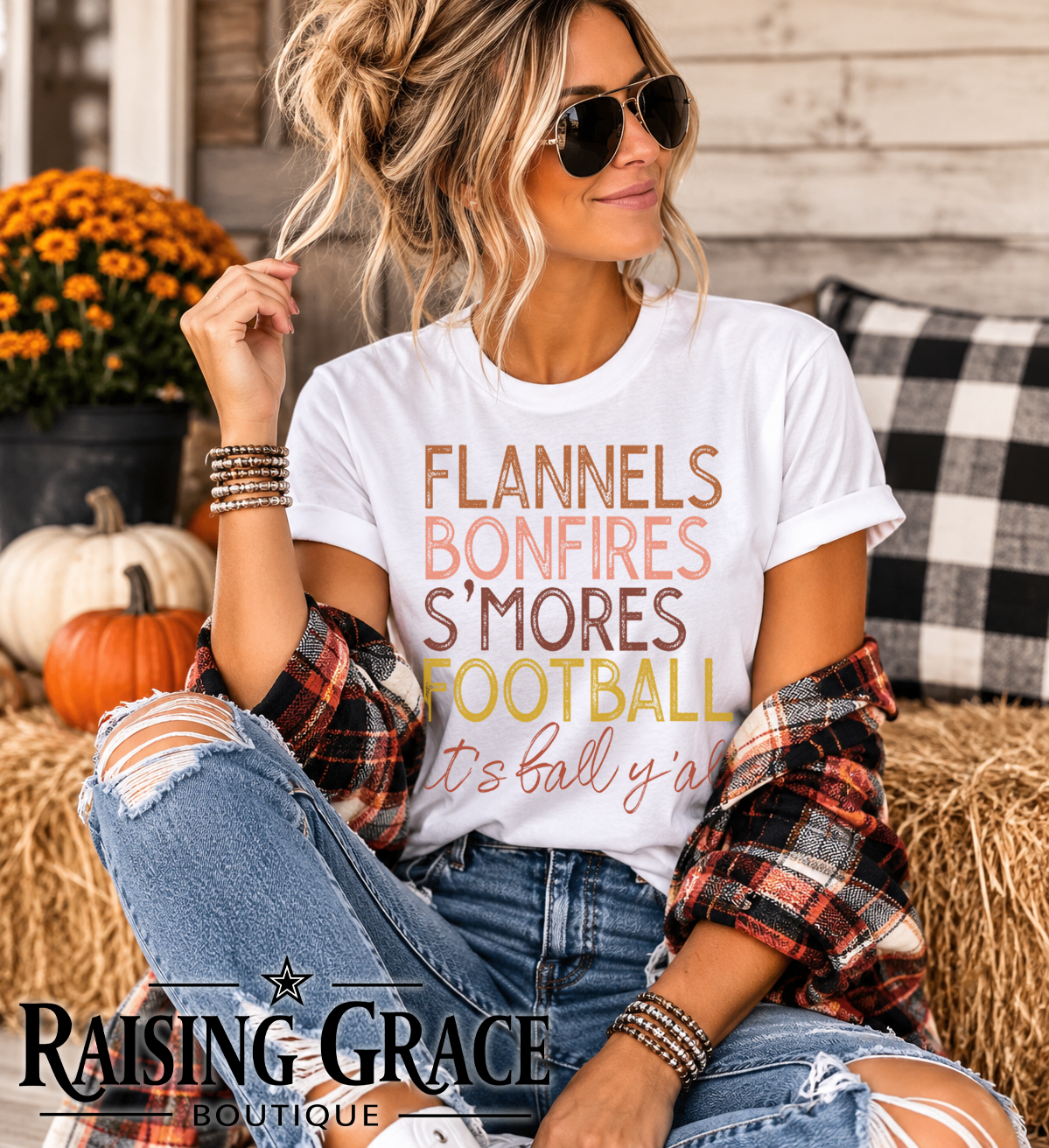 Fall Graphic Tee for Women, Flannels Bonfires Smores Football Shirt, Its Fall Yall T-Shirt