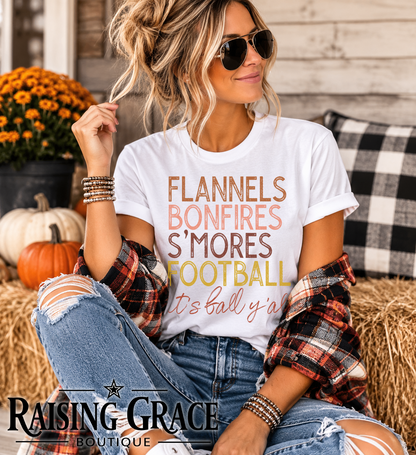 Fall Graphic Tee for Women, Flannels Bonfires Smores Football Shirt, Its Fall Yall T-Shirt