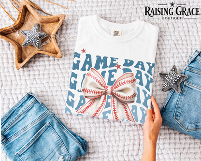 Game Day Baseball Bow Graphic T-Shirt | Baseball Mom Tee | Coquette Sports Shirt | Boutique Baseball Graphic Tee | Game Day Shirt