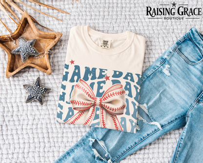 Game Day Baseball Bow Graphic T-Shirt | Baseball Mom Tee | Coquette Sports Shirt | Boutique Baseball Graphic Tee | Game Day Shirt
