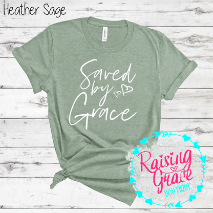 Saved By Grace Graphic T-Shirt | Faith Based Graphic Tee | Christian Inspirational Shirt | Boutique Faith Tee | Scripture Inspired Shirt